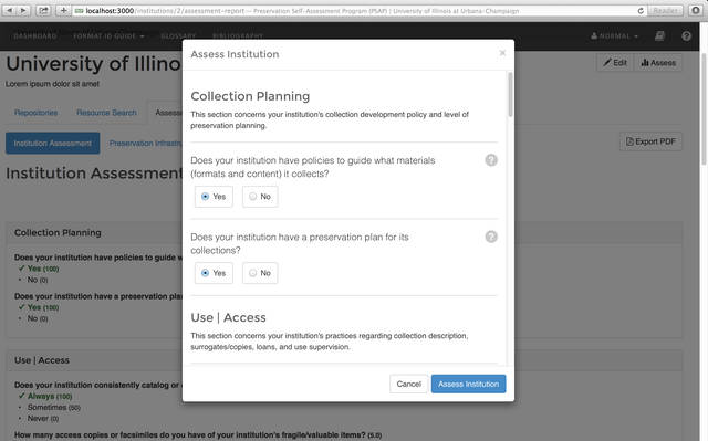 Preservation Self Assessment Program Psap User Manual - screen assess institution popup